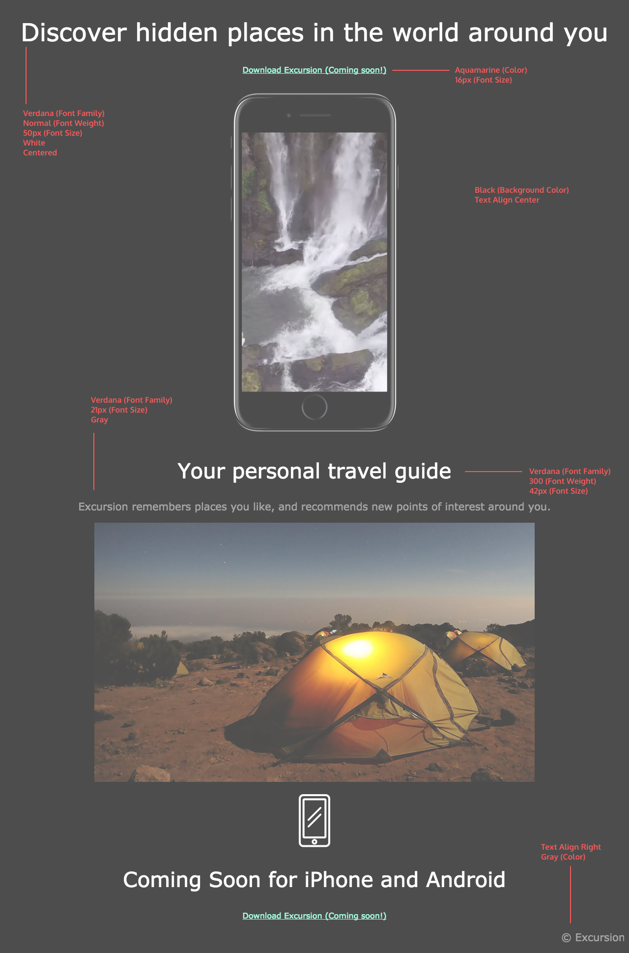 Redline of Excursion App Promotion Page